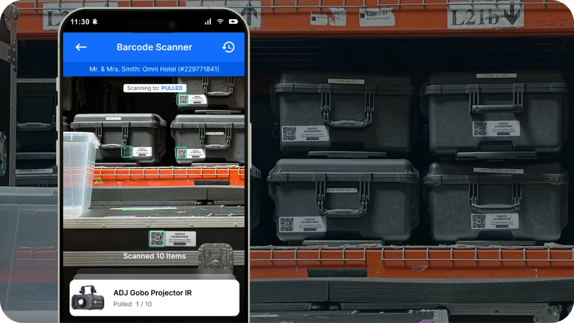 Grid arrangement of small rental items being scanned all at once with mobile phone.