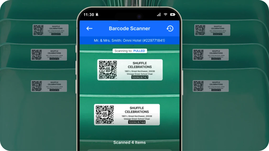 Mobile phone scanning multiple rental chairs simultaneously with Goodshuffle Pro's barcoding feature.