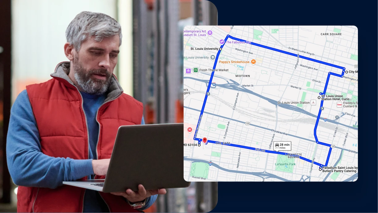 A delivery vehicle with a map showing an optimized route with multiple stops