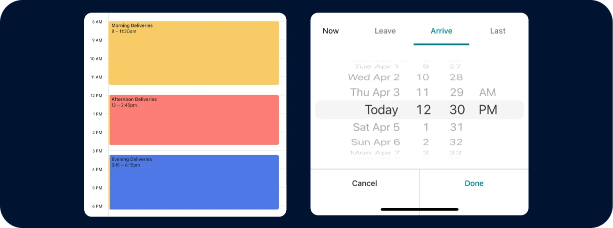 Delivery schedule with color-coded time blocks for morning, afternoon, and evening deliveries