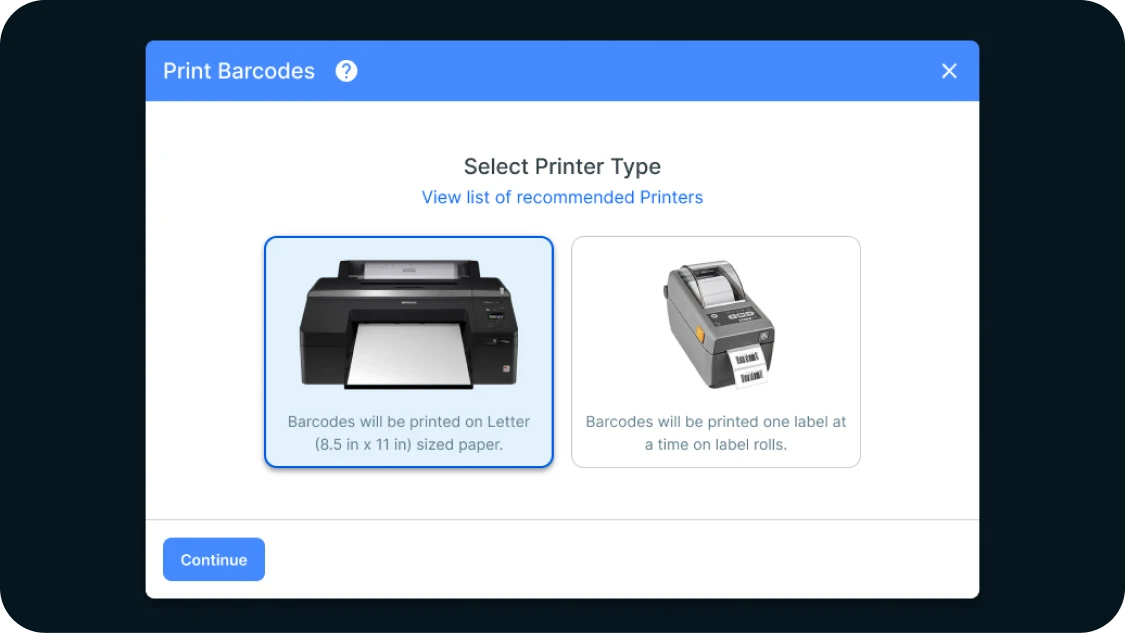 Barcode labels being printed from Goodshuffle Pro system onto standard labels.