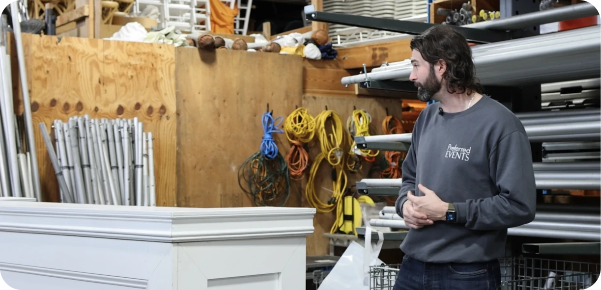 Assortment of event rental products including chairs, tents, AV equipment and decorative items with "Made in China" tags 