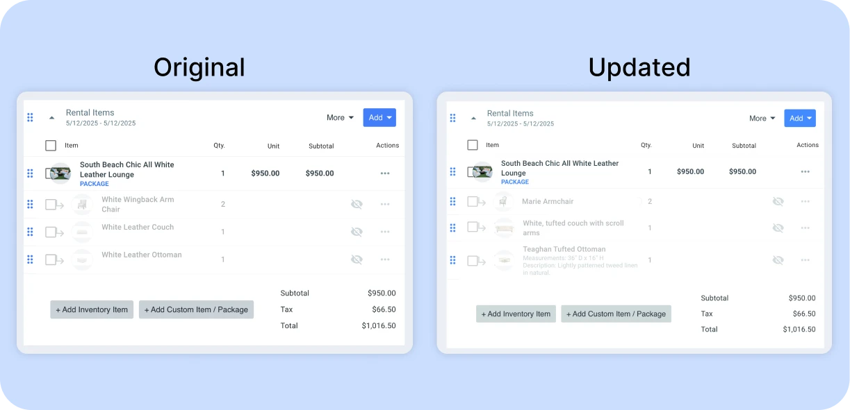 Before and after comparison of event rental packages showing adjusted components but similar price points