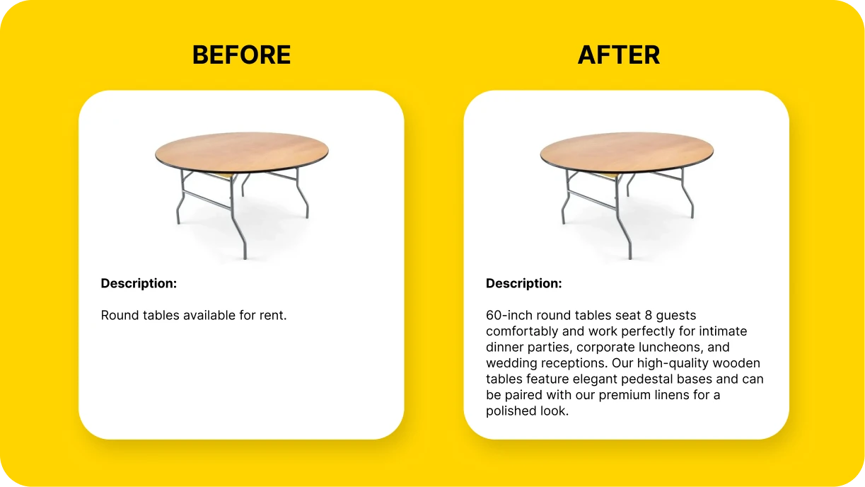 Before and after comparison of party rental product descriptions showing generic vs detailed SEO-optimized content