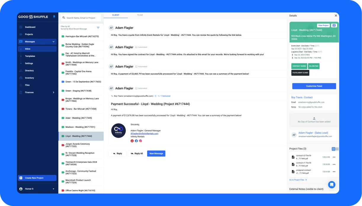 Goodshuffle Pro’s CRM & Client Management system makes it easy for your team to view essential client information at a glance. 