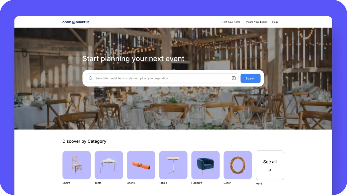 Goodshuffle Marketplace with semantic search and image search helps clients find your rental inventory 