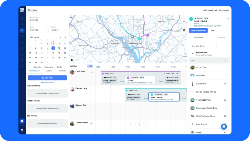 Dispatch route optimization map showing multiple tent installation stops with estimated arrival times for event rental delivery