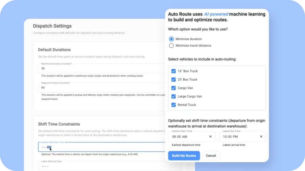 Customize default dispatch settings for warehouse durations, stop times, and shift constraints in Goodshuffle Pro