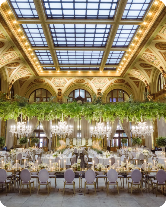 The 1978 Collection brings historic grandeur to life with cascading greenery garlands that perfectly complement this ballroom's ornate ceiling and crystal chandeliers.