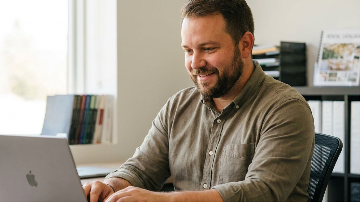 Event rental business owner setting up software dashboard for the first time