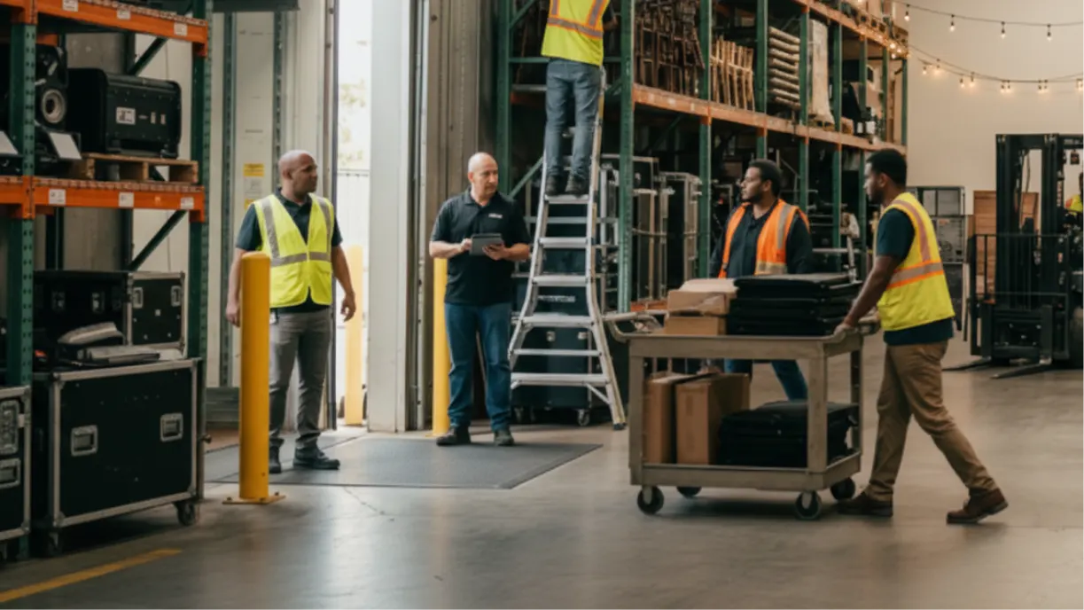 Event rental warehouse with multiple teams coordinating fast-paced operations and last-minute changes