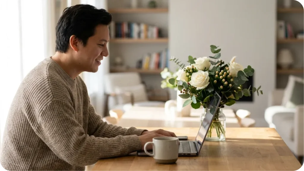 Happy event client writing positive online review after receiving post-event follow-up email