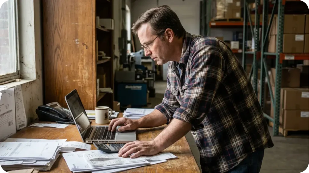 Event rental business owner processing refunds at a desk with multiple invoices and a laptop