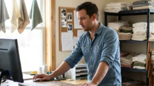 Event rental business owner reviewing automated email schedule with calendar showing client touchpoints