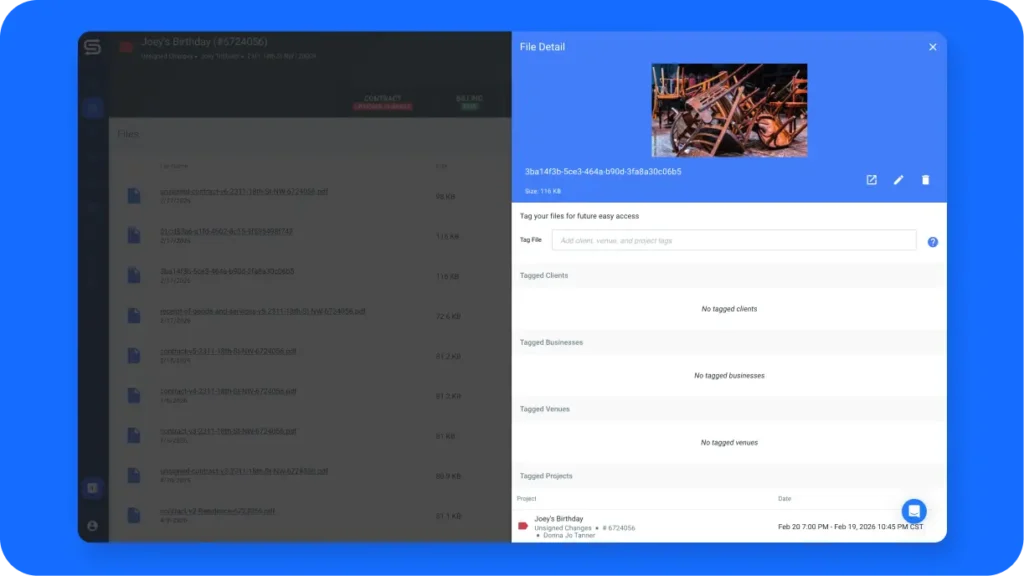Goodshuffle Pro project view showing inventory photos uploaded to an event record for damage documentation