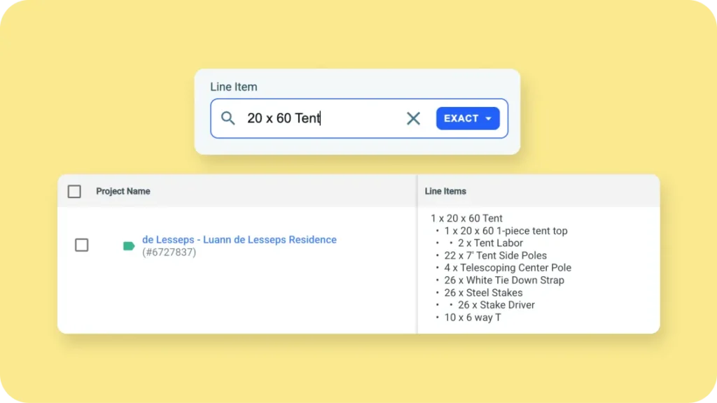 Searching for a specific inventory item across the Goodshuffle Pro project list, with matching projects appearing in real time